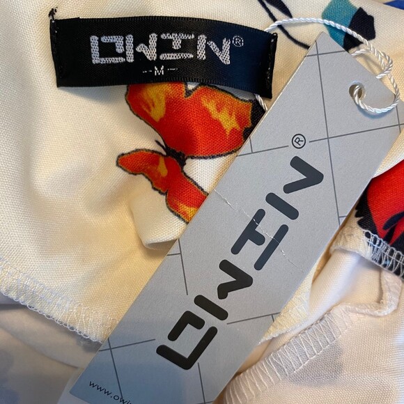 Owin Cream Butterfly Floral A Line Fit and Flare Dress. Size Medium. New - Picture 7 of 8